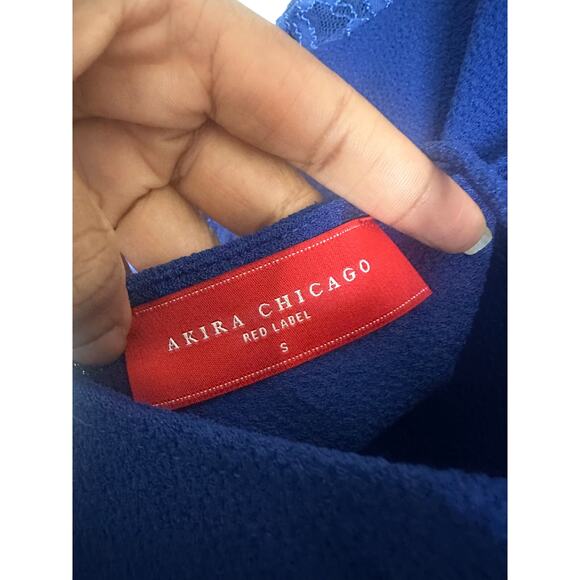 AKIRA Chicago Women's Lace Sleeve Bodycon Mini Dress S Open Back Royal Blue - Picture 14 of 14